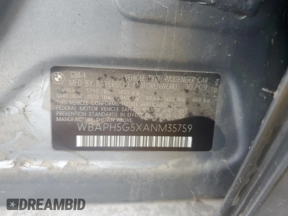 2010 BMW 3 Series 328i with VIN WBAPH5G5XANM35759, listed as a Copart auction lot 48754845 with 142,533 mi miles and Clean Title. Bid and sale history available at DreamBid. Image 12.