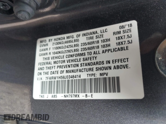 2018 Honda CR-V EX with VIN 7FARW1H59JE046414, listed as a IAAI auction lot 41879709 with 79,362 mi miles. Bid and sale history available at carsss.com. Image 9.
