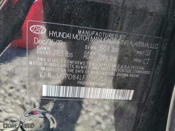2020 Hyundai Elantra SEL with VIN 5NPD84LF7LH575897, listed as a Copart auction lot 46955585 with 123,032 mi miles and Salvage Title. Bid and sale history available at carsss.com. Image 12.