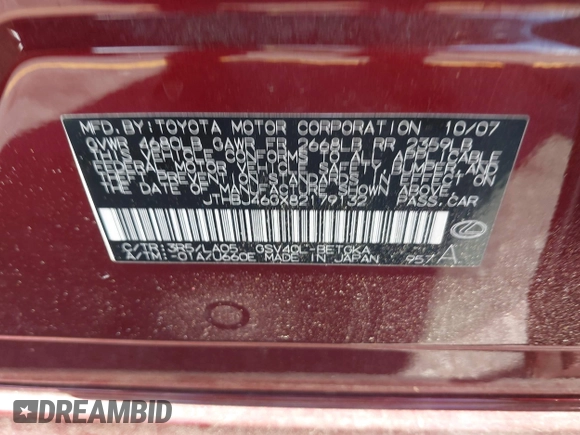 2008 Lexus ES 330 z VIN JTHBJ46GX82179132, wystawiony jako IAAI lot #42064446 z przebiegiem 132 643 mil mil oraz . Historia ofert i sprzedaży dostępna na DreamBid. Obrazek 9.