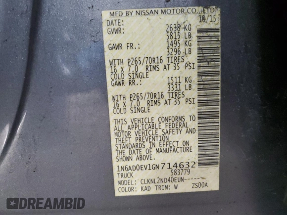 2016 Nissan Frontier SV with VIN 1N6AD0EV1GN714632, listed as a Copart auction lot 49631535 with 53,467 mi miles and Salvage title. Bid and sale history available at DreamBid. Image 12.