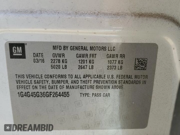2016 Buick LaCrosse Sport Touring with VIN 1G4G45G36GF264455, listed as a Copart auction lot 49175625 with 81,394 mi miles and Salvage title. Bid and sale history available at DreamBid. Image 14.