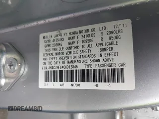 2012 Acura TSX Technology with VIN JH4CU2F6XCC012845, listed as a IAAI auction lot 42304391 with 69,873 mi miles and . Bid and sale history available at DreamBid. Image 9.