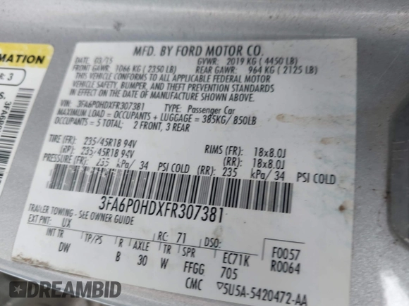 2015 Ford Fusion SE with VIN 3FA6P0HDXFR307381, listed as a IAAI auction lot 41928936 with 154,504 mi miles. Bid and sale history available at carsss.com. Image 9.