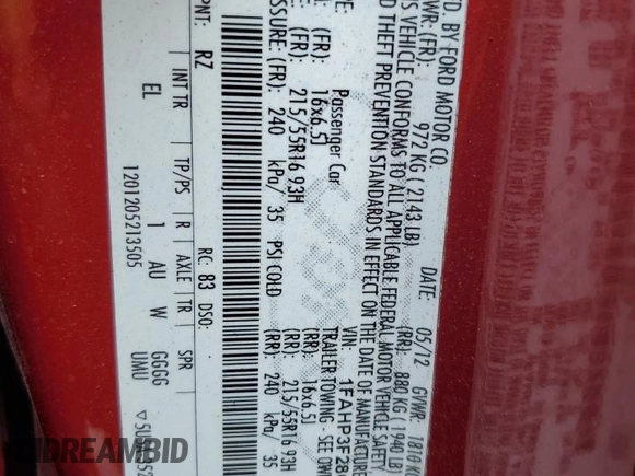 2012 Ford Focus SE with VIN 1FAHP3F28CL431445, listed as a Copart auction lot 59562595 with 152,842 mi miles and Salvage title. Bid and sale history available at DreamBid. Image 13.