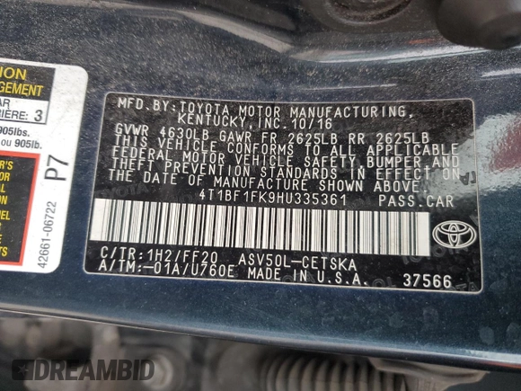 2017 Toyota Camry XLE with VIN 4T1BF1FK9HU335361, listed as a Copart auction lot 49990485 with 256,587 mi miles and Clean Title. Bid and sale history available at carsss.com. Image 12.