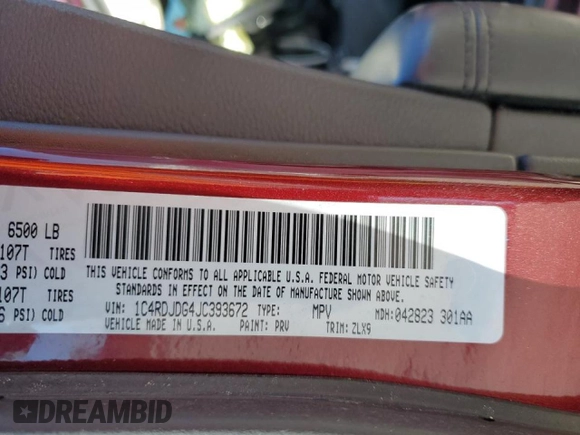 2018 Dodge Durango GT with VIN 1C4RDJDG4JC393672, listed as a Copart auction lot 42626405 with 86,356 mi miles and Salvage Title. Bid and sale history available at DreamBid. Image 15.