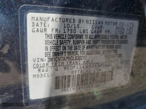 2016 Nissan Versa SV with VIN 3N1CN7AP5GL830217, listed as a Copart auction lot 50434005 with 84,238 mi miles and Clean Title. Bid and sale history available at carsss.com. Image 12.