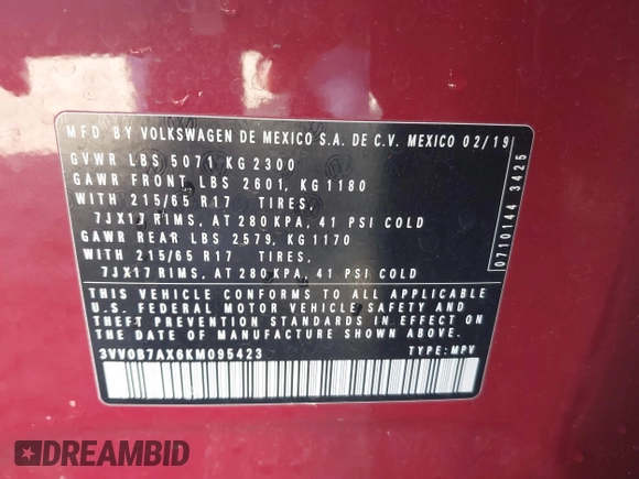 2019 Volkswagen Tiguan S с VIN 3VV0B7AX6KM095423, выставлен на аукционе IAAI как лот 41933684 с пробегом 82 615 миль миль и . История ставок и продаж доступна на DreamBid. Изображение 9.