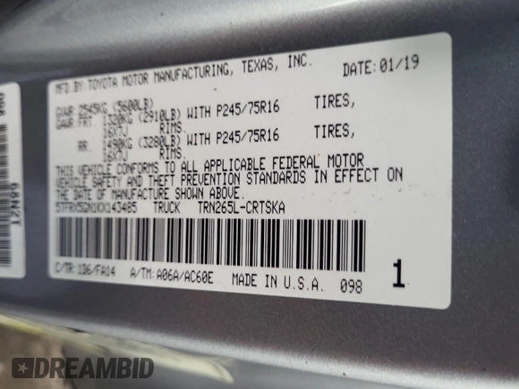 2019 Toyota Tacoma SR with VIN 5TFRX5GN1KX143485, listed as a IAAI auction lot 42763045 with 90,847 mi miles and . Bid and sale history available at DreamBid. Image 29.