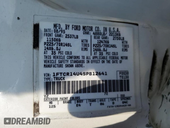 1995 Ford Ranger Splash z VIN 1FTCR14U4SPB12641, wystawiony jako Copart lot #51547255 z przebiegiem 106 647 mil mil oraz Szkoda całkowita • Salvage title. Historia ofert i sprzedaży dostępna na DreamBid. Obrazek 13.