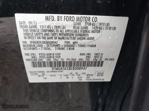 2012 Ford Flex SEL with VIN 2FMGK5CC8CBD08947, listed as a IAAI auction lot 41565237 with 284,635 mi miles. Bid and sale history available at carsss.com. Image 9.