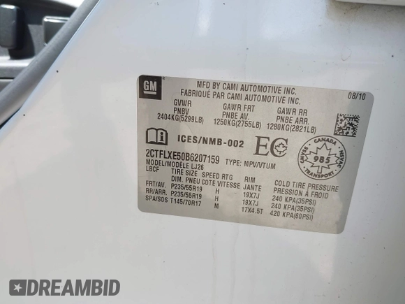 2011 GMC Terrain SLT-2 with VIN 2CTFLXE50B6207159, listed as a IAAI auction lot 42615413 with 98,214 mi miles and . Bid and sale history available at DreamBid. Image 9.
