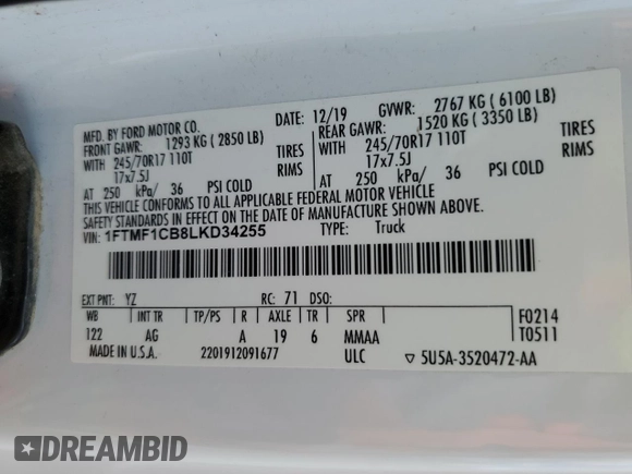 2020 Ford F-150 XL z VIN 1FTMF1CB8LKD34255, wystawiony jako Copart lot #52932575 z przebiegiem 153 823 mil mil oraz Czysty tytuł • Clean title. Historia ofert i sprzedaży dostępna na DreamBid. Obrazek 12.