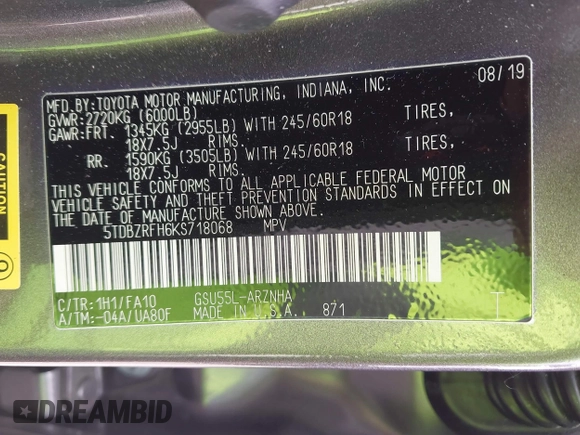 2019 Toyota Highlander LE with VIN 5TDBZRFH6KS718068, listed as a IAAI auction lot 42296326 with Not provided miles and . Bid and sale history available at DreamBid. Image 9.