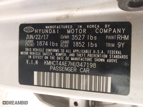 2017 Hyundai Accent SE with VIN KMHCT4AE7HU347198, listed as a IAAI auction lot 41617464 with 61,403 mi miles. Bid and sale history available at carsss.com. Image 9.