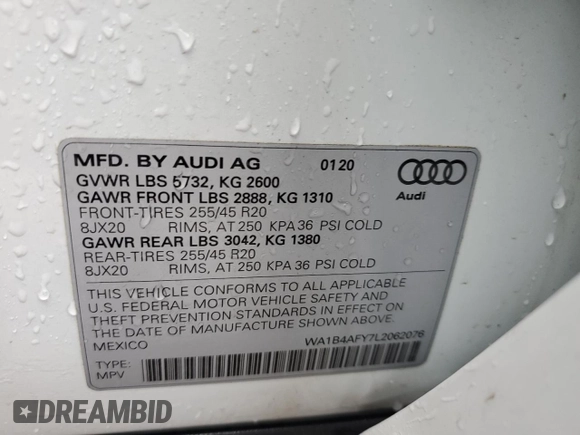 2020 Audi SQ5 Premium Plus with VIN WA1B4AFY7L2062076, listed as a Copart auction lot 78225234 with 25,468 mi miles and Salvage Title. Bid and sale history available at DreamBid. Image 14.