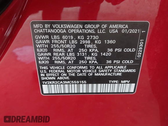 2021 Volkswagen Atlas SE with VIN 1V2KR2CA3MC559155, listed as a IAAI auction lot 42161105 with 35,039 mi miles and . Bid and sale history available at DreamBid. Image 9.