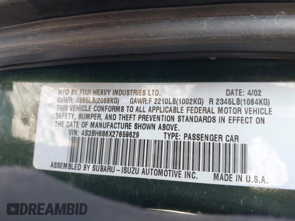 2002 Subaru Legacy Outback Limited with VIN 4S3BH686X27659629, listed as a IAAI auction lot 42045299 with 184,012 mi miles and . Bid and sale history available at DreamBid. Image 9.