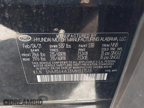 2021 Hyundai Santa Fe SEL z VIN 5NMS64AJ3MH331523, wystawiony jako IAAI lot #42201780 z przebiegiem 84 319 mil mil oraz . Historia ofert i sprzedaży dostępna na DreamBid. Obrazek 9.