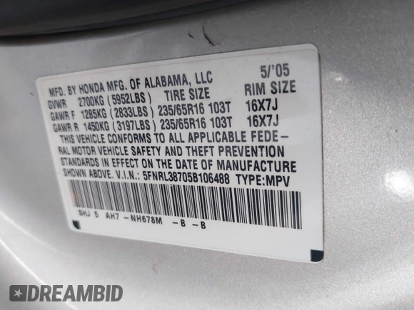 2005 Honda Odyssey EX-L with VIN 5FNRL38705B106488, listed as a IAAI auction lot 42545141 with 199,619 mi miles and . Bid and sale history available at DreamBid. Image 9.