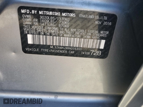 2017 Mitsubishi Mirage SE with VIN ML32A4HJXHH016300, listed as a Copart auction lot 52125395 with 59,803 mi miles and Salvage title. Bid and sale history available at DreamBid. Image 16.