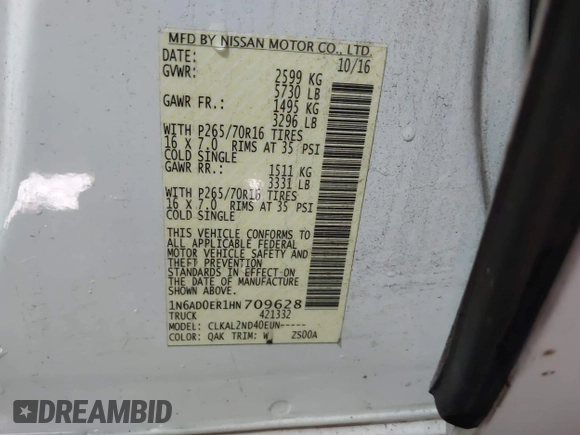 2017 Nissan Frontier SV z VIN 1N6AD0ER1HN709628, wystawiony jako IAAI lot #42076742 z przebiegiem 189 259 mil mil oraz . Historia ofert i sprzedaży dostępna na DreamBid. Obrazek 9.