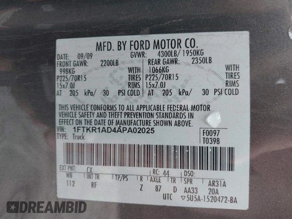2010 Ford Ranger XL with VIN 1FTKR1AD4APA02025, listed as a IAAI auction lot 42193901 with 98,000 mi miles and . Bid and sale history available at DreamBid. Image 9.