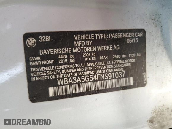 2015 BMW 3 Series 328i with VIN WBA3A5G54FNS91037, listed as a Copart auction lot 61854775 with 119,658 mi miles and Salvage title. Bid and sale history available at DreamBid. Image 12.