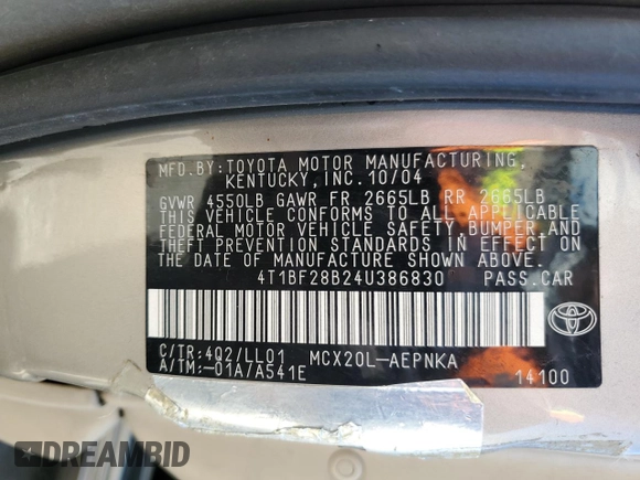 2004 Toyota Avalon XL with VIN 4T1BF28B24U386830, listed as a Copart auction lot 50101235 with 201,295 mi miles and Salvage Title. Bid and sale history available at carsss.com. Image 14.