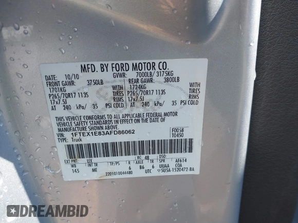 2010 Ford F-150 XL with VIN 1FTEX1E83AFD86062, listed as a IAAI auction lot 41800691 with 160,869 mi miles. Bid and sale history available at carsss.com. Image 9.