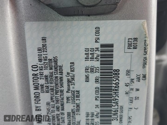 2017 Lincoln MKZ Premiere with VIN 3LN6L5A95HR665088, listed as a Copart auction lot 57524935 with 59,399 mi miles and Salvage title. Bid and sale history available at DreamBid. Image 12.