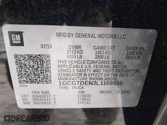 2020 Chevrolet Colorado 4WD Z71 with VIN 1GCGTDEN3L1108855, listed as a IAAI auction lot 41517113 with 45,599 mi miles and . Bid and sale history available at DreamBid. Image 9.