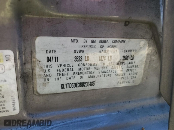 2011 Chevrolet Aveo 1LT with VIN KL1TD5DE3BB233485, listed as a Copart auction lot 57986335 with 167,872 mi miles and Salvage title. Bid and sale history available at DreamBid. Image 12.