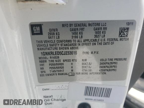 2012 Chevrolet Traverse LTZ z VIN 1GNKRLED5CJ233616, wystawiony jako Copart lot #52309145 z przebiegiem Nie podano mil oraz Szkoda całkowita • Salvage title. Historia ofert i sprzedaży dostępna na DreamBid. Obrazek 13.