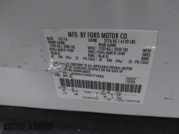 2016 Ford Explorer XLT with VIN 1FM5K8DH1GGC71922, listed as a IAAI auction lot 41208526 with 116,884 mi miles and . Bid and sale history available at DreamBid. Image 9.