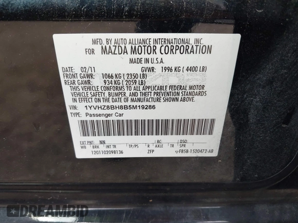 2011 Mazda Mazda6 i Sport with VIN 1YVHZ8BH8B5M19286, listed as a IAAI auction lot 41356987 with 103,487 mi miles. Bid and sale history available at carsss.com. Image 9.
