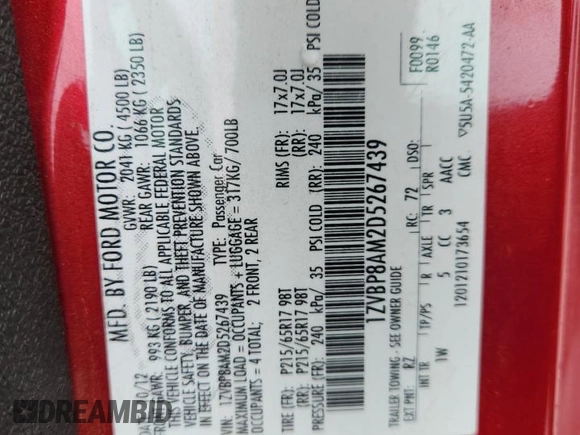 2013 Ford Mustang V6 с VIN 1ZVBP8AM2D5267439, выставлен на аукционе Copart как лот 61307575 с пробегом 109 401 миль миль и Списание • Salvage title. История ставок и продаж доступна на DreamBid. Изображение 12.