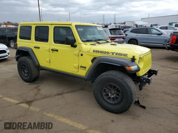 2022 Jeep Wrangler Unlimited High Tide with VIN 1C4HJXDG0NW204141, listed as a Copart auction lot 77570924 with 58,114 mi miles and Salvage Title. Bid and sale history available at DreamBid. Image 4.
