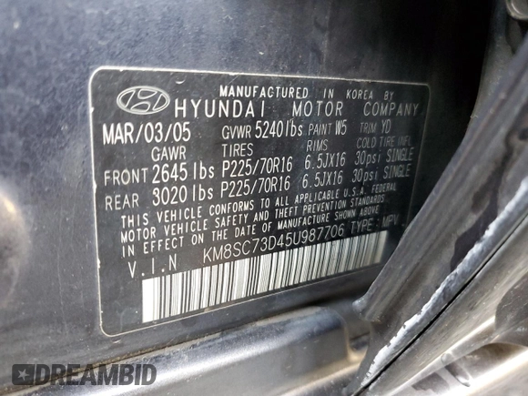 2005 Hyundai Santa Fe GLS with VIN KM8SC73D45U987706, listed as a Copart auction lot 77706174 with 160,646 mi miles and Salvage Title. Bid and sale history available at carsss.com. Image 13.