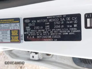 2021 Kia Forte LXS с VIN 3KPF24AD5ME358026, выставлен на аукционе IAAI как лот 42270449 с пробегом 43 917 миль миль и . История ставок и продаж доступна на DreamBid. Изображение 9.
