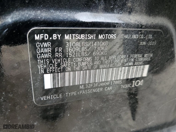 2019 Mitsubishi Mirage G4 ES with VIN ML32F3FJ4KHF17885, listed as a Copart auction lot 47846555 with 124599 miles and Clean Title. Bid and sale history available at carsss.com. Image 12.