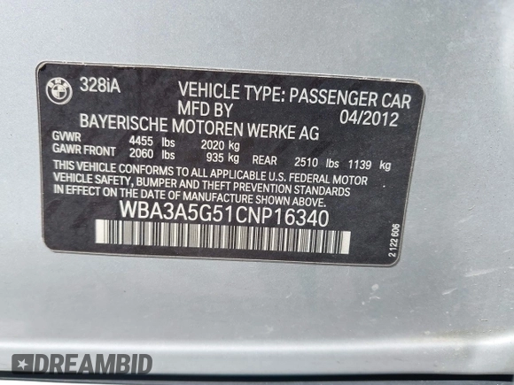 2012 BMW 3 Series 328i with VIN WBA3A5G51CNP16340, listed as a IAAI auction lot 42135486 with Not Provided miles and . Bid and sale history available at carsss.com. Image 9.