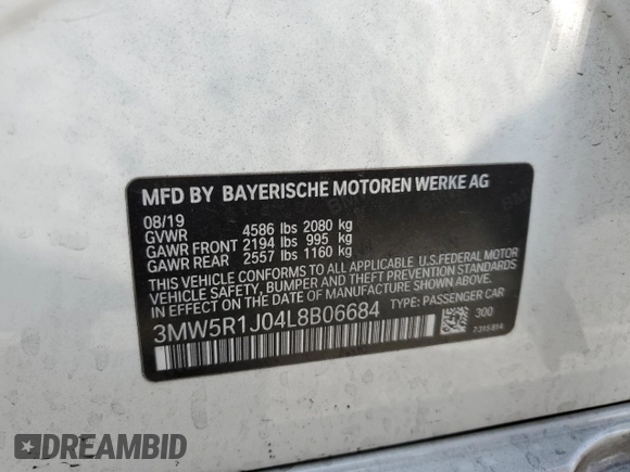 2020 BMW 3 Series 330i with VIN 3MW5R1J04L8B06684, listed as a Copart auction lot 63058812 with Not Provided miles and . Bid and sale history available at DreamBid. Image 10.