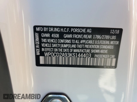 2019 Porsche 911 Turbo S with VIN WP0CD2A93KS144403, listed as a Copart auction lot 74988704 with Not Provided miles and Non Repairable. Bid and sale history available at DreamBid. Image 13.