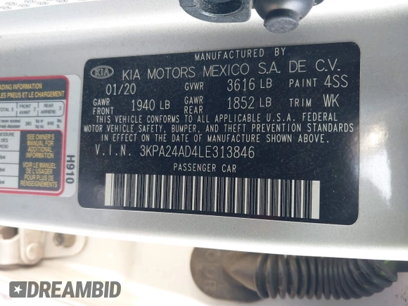 2020 Kia Rio S with VIN 3KPA24AD4LE313846, listed as a IAAI auction lot 41405186 with 113,659 mi miles. Bid and sale history available at carsss.com. Image 9.
