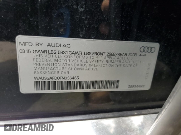 2015 Audi A8 3.0T with VIN WAU3GAFD0FN036465, listed as a Copart auction lot 64069035 with 100,149 mi miles and Salvage title. Bid and sale history available at DreamBid. Image 12.