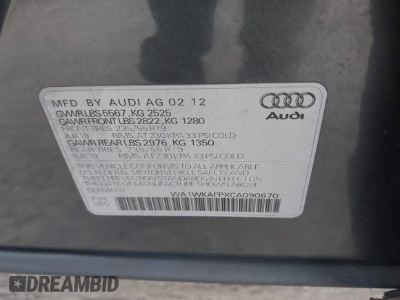 2012 Audi Q5 Prestige with VIN WA1WKAFPXCA090670, listed as a IAAI auction lot 41790219 with Not provided miles and . Bid and sale history available at DreamBid. Image 9.