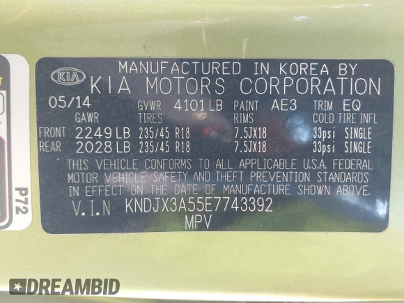 2014 Kia Soul + with VIN KNDJX3A55E7743392, listed as a IAAI auction lot 42113362 with 138,169 mi miles and . Bid and sale history available at DreamBid. Image 9.