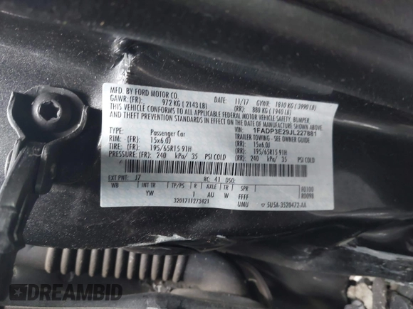 2018 Ford Focus S with VIN 1FADP3E29JL227881, listed as a IAAI auction lot 41968214 with 150,713 mi miles. Bid and sale history available at carsss.com. Image 9.